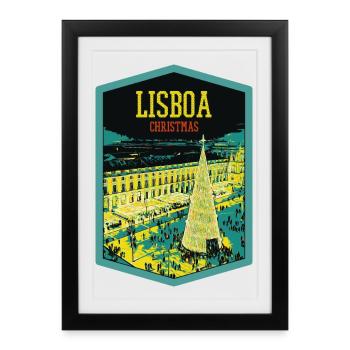 Illustration Place du Commerce, Noël à Lisbonne - Affiche encadrée (27 × 37 cm) - noir - Devant