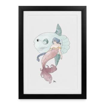 Amis de la mer – Sirène avec poisson-lun - Affiche encadrée (27 × 37 cm) - noir - Devant
