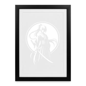 Fille femme katana manga, japon style - Affiche encadrée (27 × 37 cm) - noir - Devant