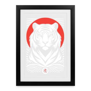 Tiger, red white Japanese print style - Framed poster (27 × 37 cm) - black - Front