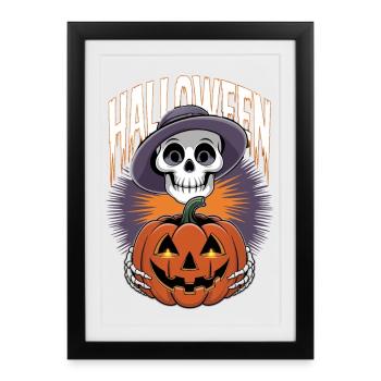 Squelette d’Halloween avec citrouille lanterne - Affiche encadrée (27 × 37 cm) - noir - Devant