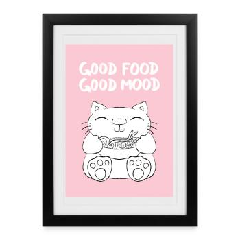 Bonne nourriture chatte kawaii - Affiche encadrée (27 × 37 cm) - noir - Devant