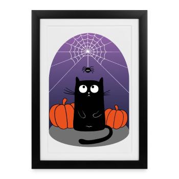 Chat d’Halloween, araignée et citrouilles - Affiche encadrée (27 × 37 cm) - noir - Devant