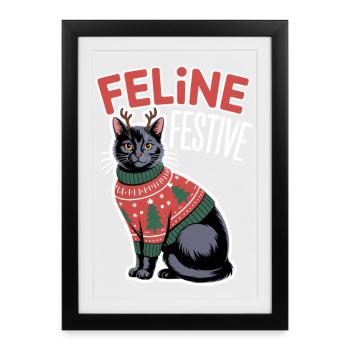 Chat de Noël festif félin avec des oreilles de renne - Affiche encadrée (27 × 37 cm) - noir - Devant