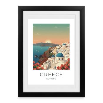 Vue côtière du coucher de soleil de Santorin - Affiche encadrée (27 × 37 cm) - noir - Devant