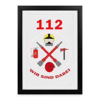 112 Nous faisons partie du logo du district des pompiers - Affiche encadrée (27 × 37 cm) - noir - Devant