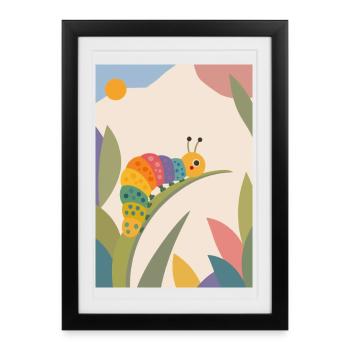 Chenille colorée sur feuille – Motif d’animal mignon - Affiche encadrée (27 × 37 cm) - noir - Devant