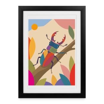 Scarabée cerf coloré dans le style nature - Affiche encadrée (27 × 37 cm) - noir - Devant