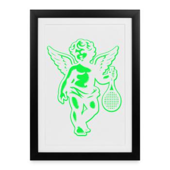 Tennis Shirt Angel Cherub Retro Renaissance neon green - Framed poster (27 × 37 cm) - black - Front