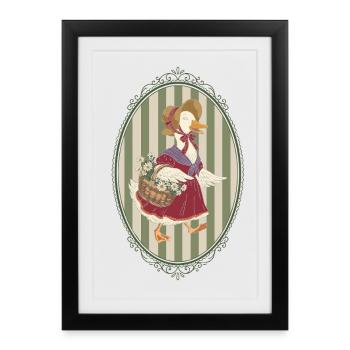 Oie au chapeau avec un panier de fleurs - Affiche encadrée (27 × 37 cm) - noir - Devant