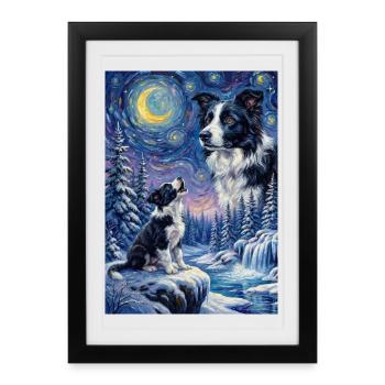 Hurlant au Mème de la Lune Chien Border Collie - Affiche encadrée (27 × 37 cm) - noir - Devant