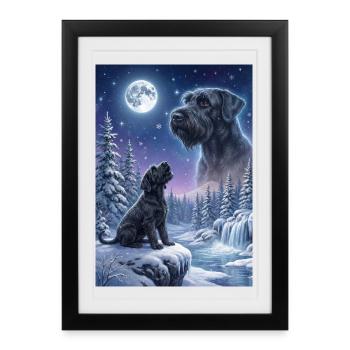 Hurlant au mème de la lune, chien Schnauzer géant - Affiche encadrée (27 × 37 cm) - noir - Devant