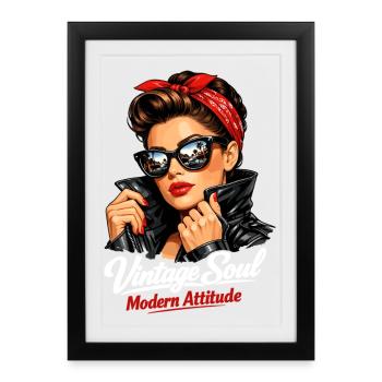 Attitude Soul Moderne Vintage – Pin-Up cool - Affiche encadrée (27 × 37 cm) - noir - Devant
