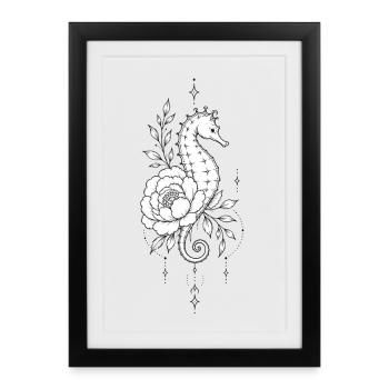 Seahorse et Fleur en Noir et Blanc - Affiche encadrée (27 × 37 cm) - noir - Devant