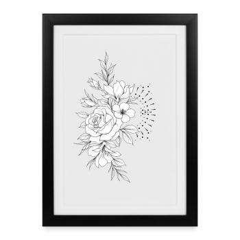 Roses en dessin noir et blanc floral - Affiche encadrée (27 × 37 cm) - noir - Devant