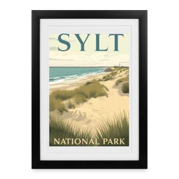 Parc national de Sylt | Affiche vintage de plage - Affiche encadrée (27 × 37 cm) - noir - Devant