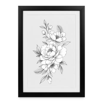 Pivoine encre florale noir - Affiche encadrée (27 × 37 cm) - noir - Devant