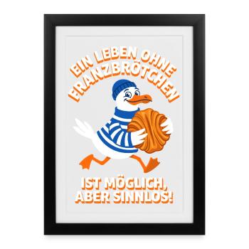 Franzbrötchen Spruch - Lustige Hamburg Möwe - Gerahmtes Poster (27 × 37 cm) - Schwarz - Vorne