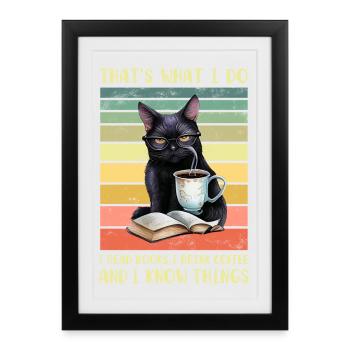 Black cat with coffee and book - Framed poster (27 × 37 cm) - black - Front