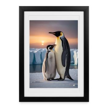 Pingouin avec son petit sur la banquise au pôle Sud - Affiche encadrée (27 × 37 cm) - noir - Devant