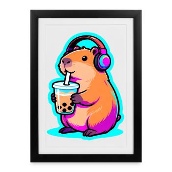 Mignon Capybara Bubble Tea Kawaii Animal Gift - Affiche encadrée (27 × 37 cm) - noir - Devant