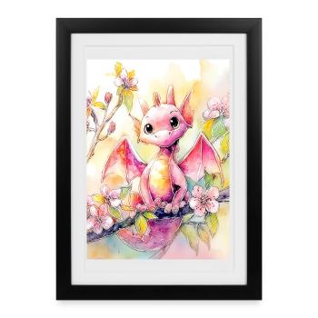 Dragon aquarelle florale - Affiche encadrée (27 × 37 cm) - noir - Devant
