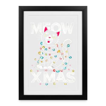 Meow Xmas Cute Cat Wrapped in Lights Christmas Tee - Framed poster (27 × 37 cm) - black - Front