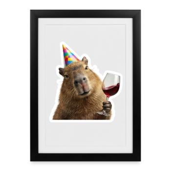 La capybara en mode fête avec du vin - Affiche encadrée (27 × 37 cm) - noir - Devant