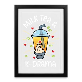 Conception de la boisson K-Pop en forme de cœur de doigt de thé Kawaii Boba - Affiche encadrée (27 × 37 cm) - noir - Devant