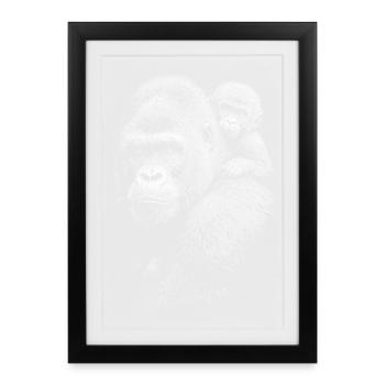 Gorille avec un petit en noir et blanc - Affiche encadrée (27 × 37 cm) - noir - Devant