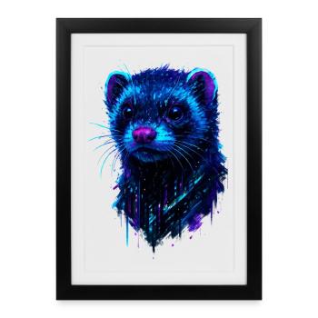 Kosmisches Frettchen mit Neonlichtblitzen - Gerahmtes Poster (27 × 37 cm) - Schwarz - Vorne