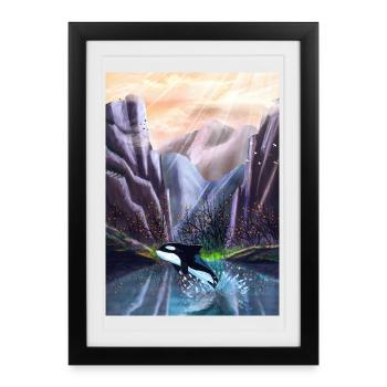 Orca jumping in mountain valley - Framed poster (27 × 37 cm) - black - Front