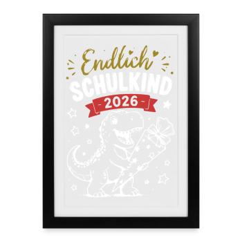 Endlich Schulkind 2026 Dino - Gerahmtes Poster (27 × 37 cm) - Schwarz - Vorne