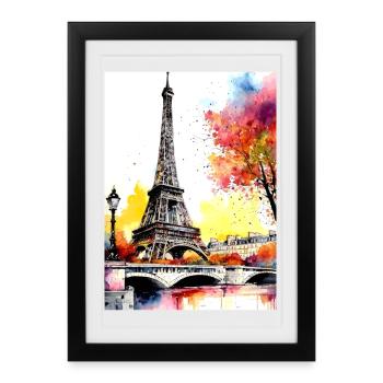 Tour Eiffel en aquarelle automnale - Affiche encadrée (27 × 37 cm) - noir - Devant