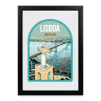 Christ-Roi Lisbonne: Vue Pont 25 Avril sur le Tage - Affiche encadrée (27 × 37 cm) - noir - Devant