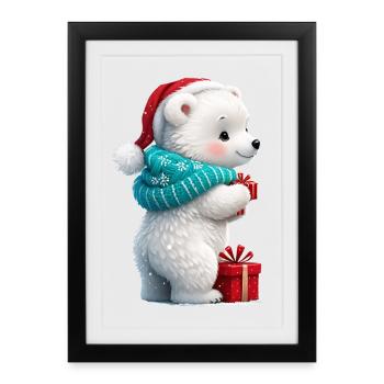 Petit ours mignon avec chapeau de Noël et cadeau. - Affiche encadrée (27 × 37 cm) - noir - Devant
