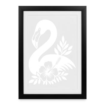 Elégant oiseau flamant rose avec hibiscus tropical - Affiche encadrée (27 × 37 cm) - noir - Devant