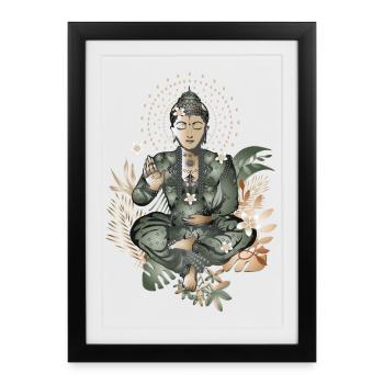 Bouddha avec des fleurs et des plantes exotiques - Affiche encadrée (27 × 37 cm) - noir - Devant