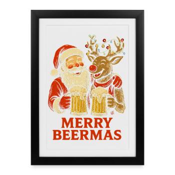 Drôle Père Noël et renne Noël bière design - Affiche encadrée (27 × 37 cm) - noir - Devant