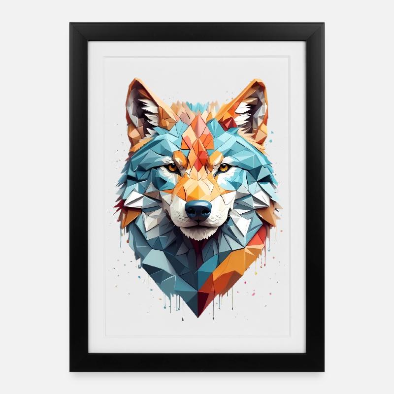 Tête de loup géométrique - Affiche encadrée (27 × 37 cm) - noir