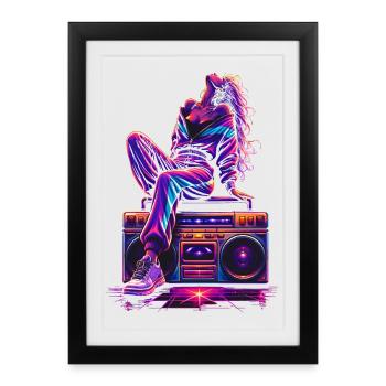 Femme décontractée sur la radio-cassette dans le style années 80 - Affiche encadrée (27 × 37 cm) - noir - Devant