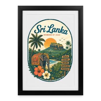 Affiche de voyage au Sri Lanka : Elephant Beach - Affiche encadrée (27 × 37 cm) - noir - Devant