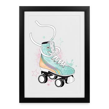 Patin à roulettes en couleurs rétro avec des graffitis et des étoiles - Affiche encadrée (27 × 37 cm) - noir - Devant