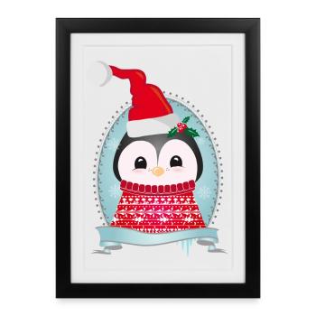 Pingouin de Noël avec pull à tricoter &bonnet - Affiche encadrée (27 × 37 cm) - noir - Devant