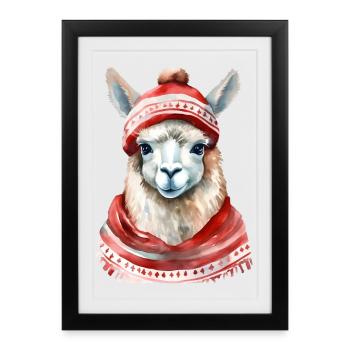 Llama with red winter hat and scarf - Framed poster (27 × 37 cm) - black - Front