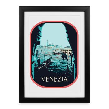 Illustration vue typique de Venise et Gondoles - Affiche encadrée (27 × 37 cm) - noir - Devant