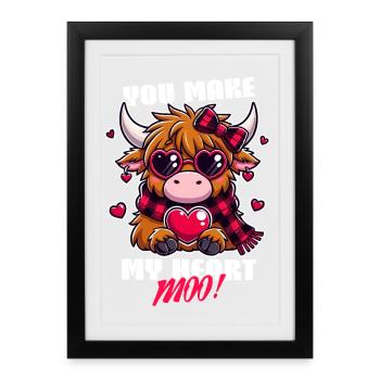 Highland Cow Design de la Saint-Valentin - My Heart Moo - Affiche encadrée (27 × 37 cm) - noir - Devant