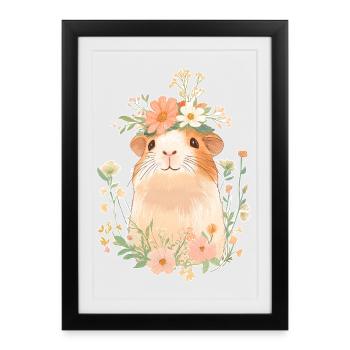 Cochon d’Inde avec des fleurs - Affiche encadrée (27 × 37 cm) - noir - Devant