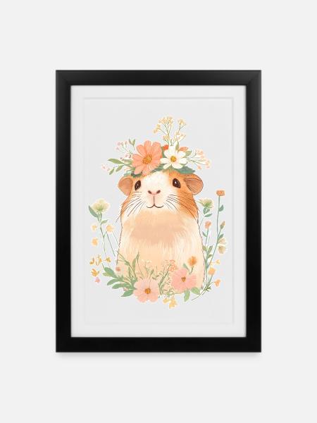 Meerschweinchen mit Blumen - Gerahmtes Poster (27 × 37 cm) - Schwarz