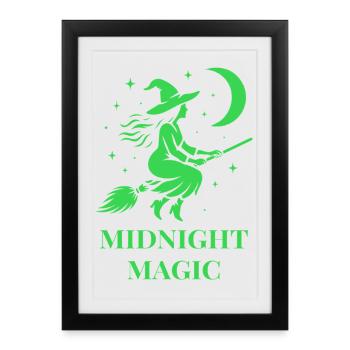 Sorcière volante la nuit avec la lune en vert - Affiche encadrée (27 × 37 cm) - noir - Devant